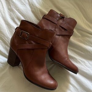 Cole Haan Chestnut Brown Leather Ankle Booties with Buckle Strap